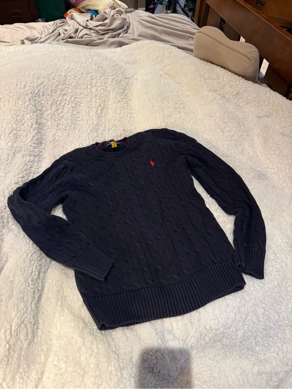 Ralph Lauren Navy Cable-Knit Sweater with Red Pony